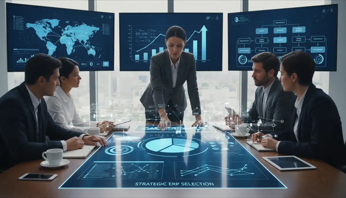 A business executive confidently making a decision at a large table, surrounded by diverse data visualizations and a team collaborating on a digital dashboard, representing strategic ERP choice.
