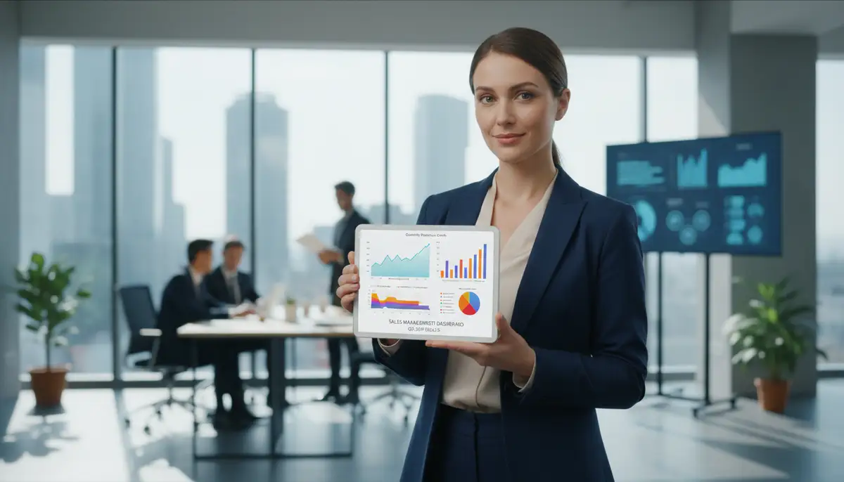 A business executive confidently reviewing sales performance metrics on a tablet, with charts and graphs clearly visible, representing data from sales management software.