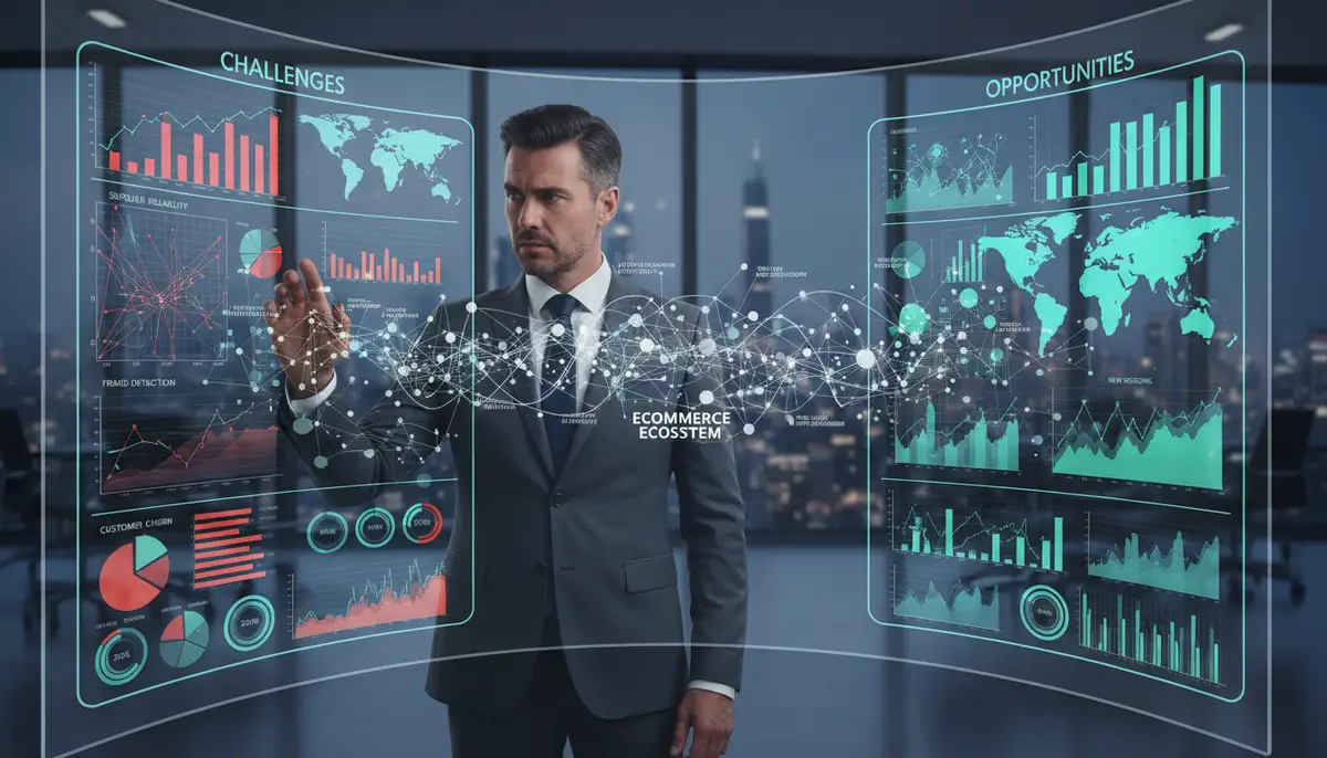 A business executive looking at a complex dashboard, representing the challenges and opportunities in managing an ecommerce marketplace.