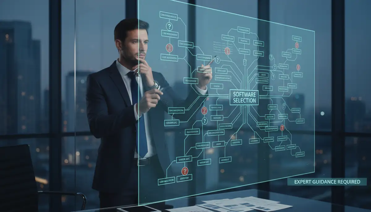 A business executive looking at a complex decision tree or flowchart, symbolizing the challenges of software selection and the need for expert guidance.