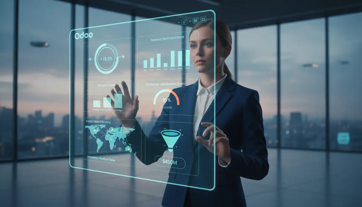 A business executive looking at a customized Odoo dashboard displaying key performance indicators and unique business metrics, futuristic and efficient.
