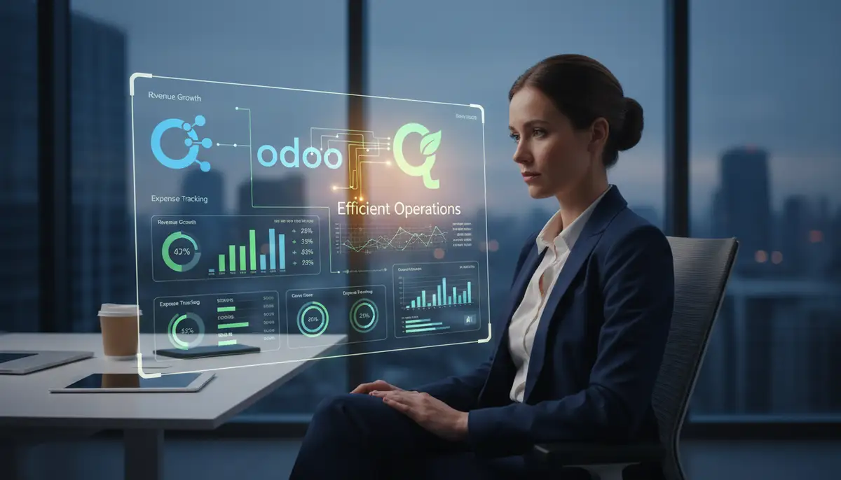 A business executive looking at a dashboard displaying synchronized financial data, with Odoo and QuickBooks icons in the background, representing efficient operations.