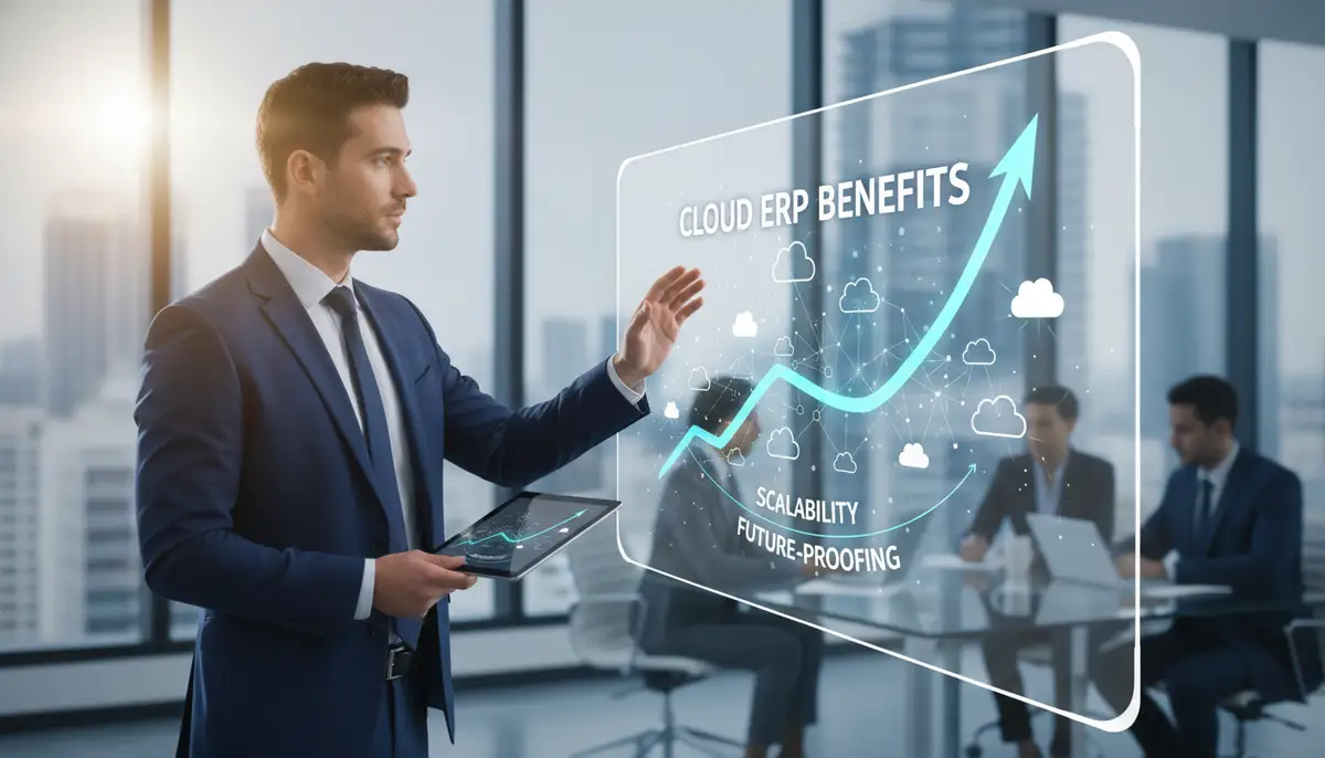 A business executive looking at a growth chart with an upward trend, symbolizing the scalability and future-proofing benefits of cloud ERP.