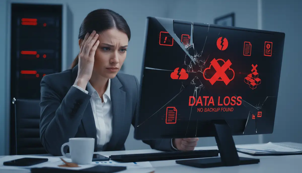 A business executive looking concerned at a broken computer screen, with data loss symbols, highlighting the risks of poor backup strategies.