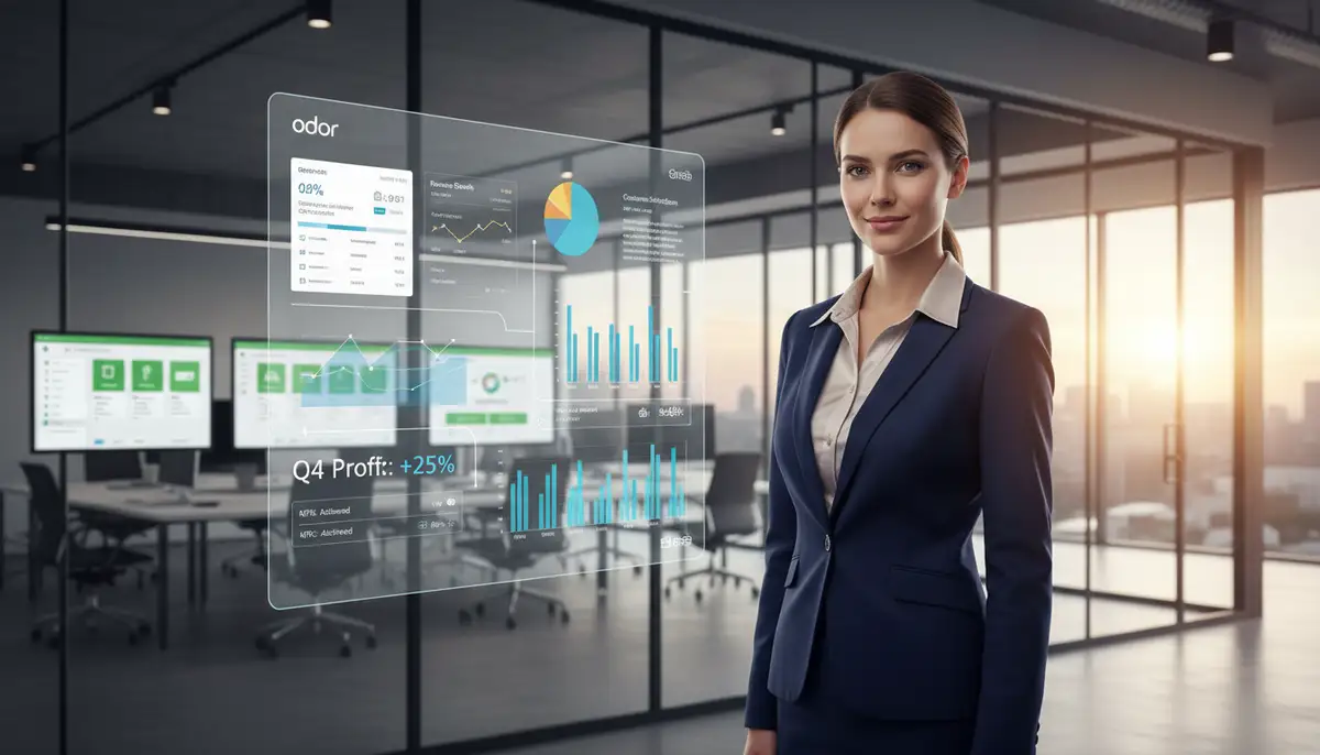 A business executive looking confidently at a dashboard displaying key performance indicators, with Odoo interfaces in the background, symbolizing successful ERP implementation.