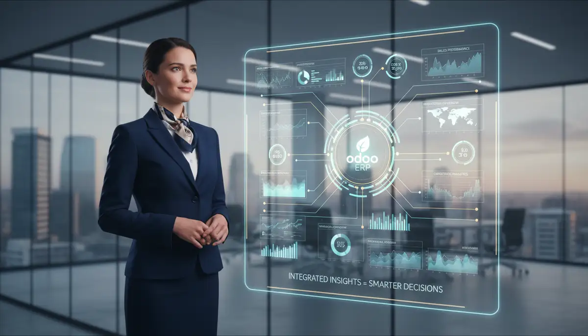 A business executive looking confidently at a dashboard displaying real-time integrated data, symbolizing improved decision-making through Odoo ERP integration.