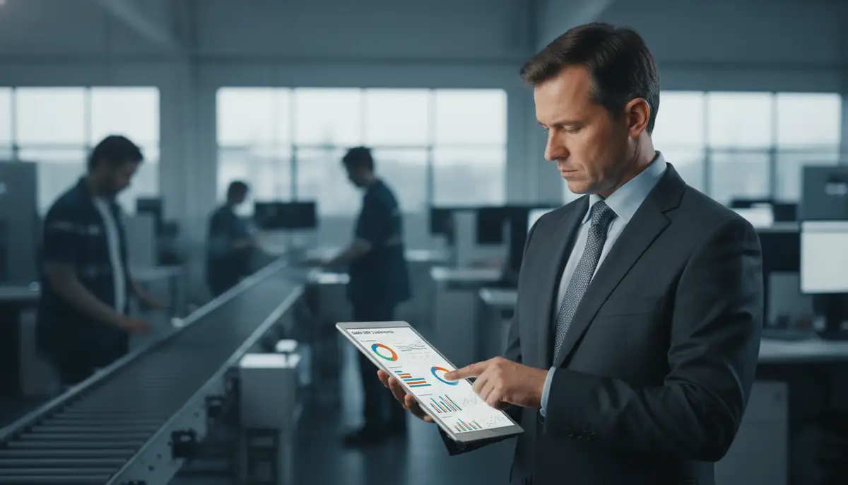 A business executive looking thoughtfully at a tablet displaying Odoo dashboards, with a blurred background of a bustling factory floor or office.
