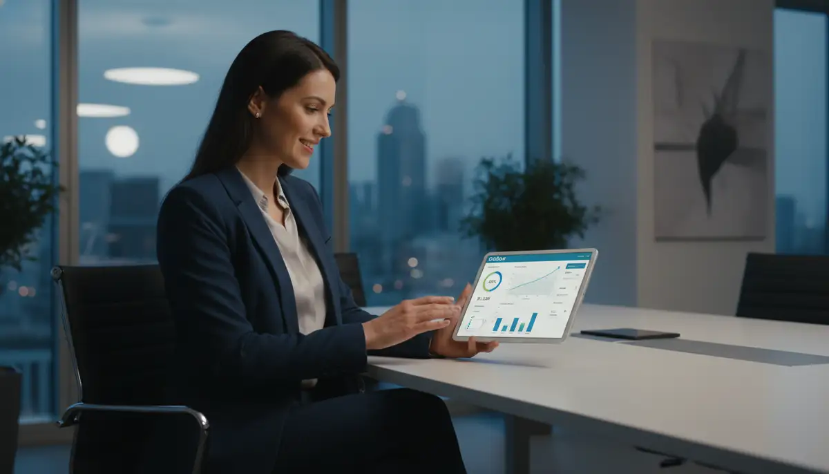 A business executive reviewing a custom Odoo dashboard on a tablet, showing key performance indicators and analytics. Professional, confident expression.