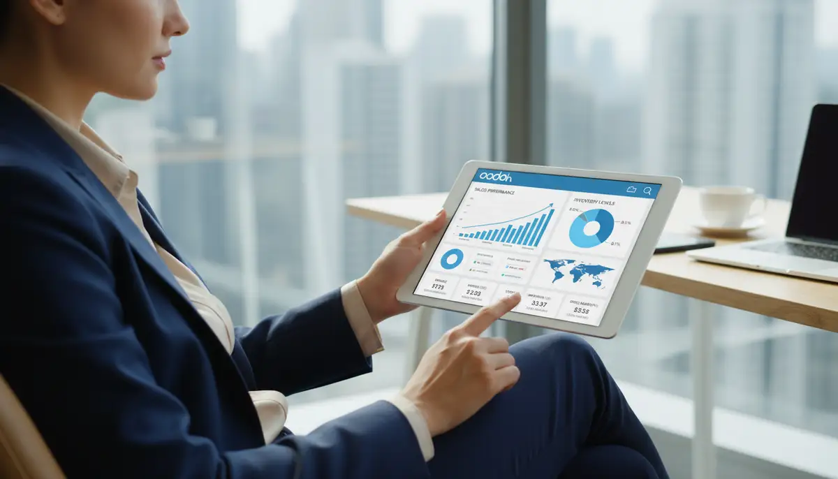 A business executive reviewing an Odoo dashboard on a tablet, displaying key retail metrics like sales, inventory, and customer data.