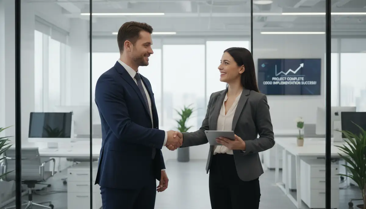A business leader confidently shaking hands with an Odoo consultant, signifying a successful partnership and project completion, with a modern office background.
