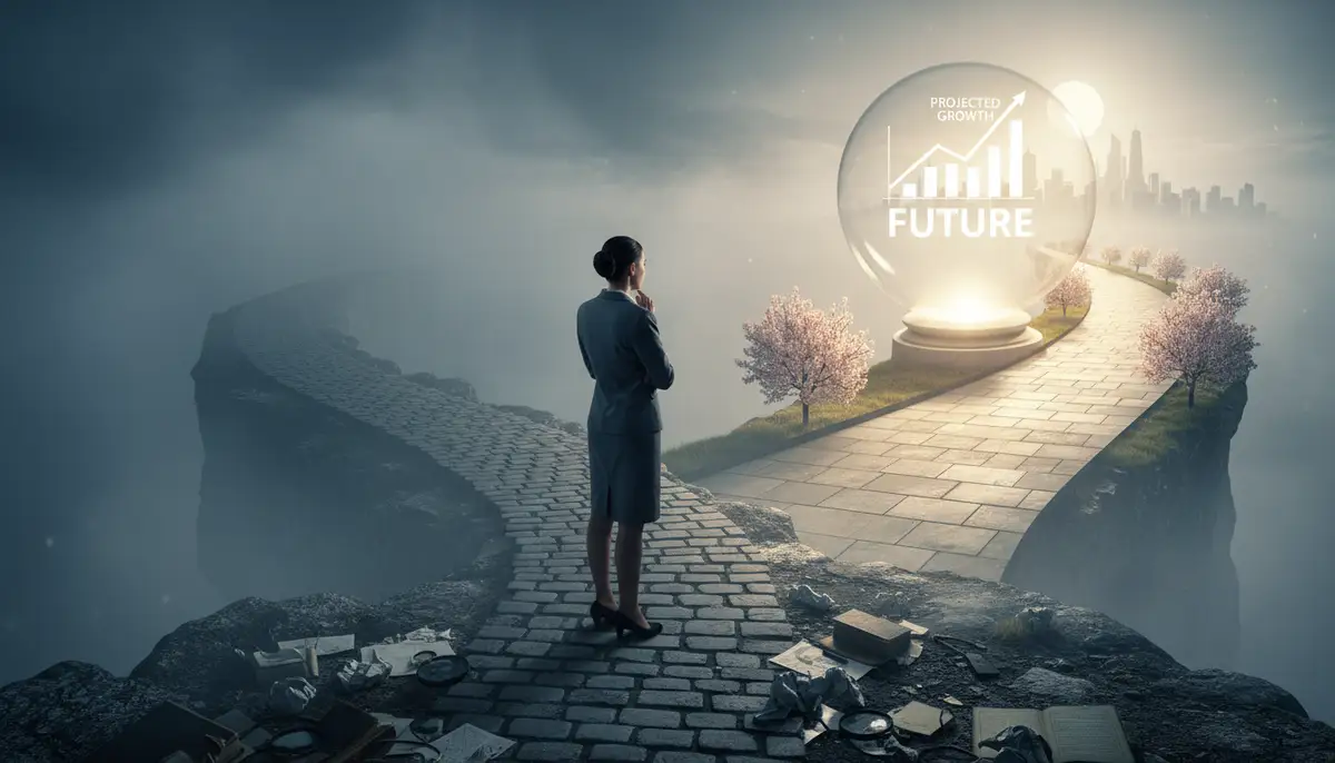 A business leader looking at a foggy, uncertain path ahead, with a clear, illuminated path emerging from a crystal ball or a digital projection, symbolizing common forecasting mistakes.