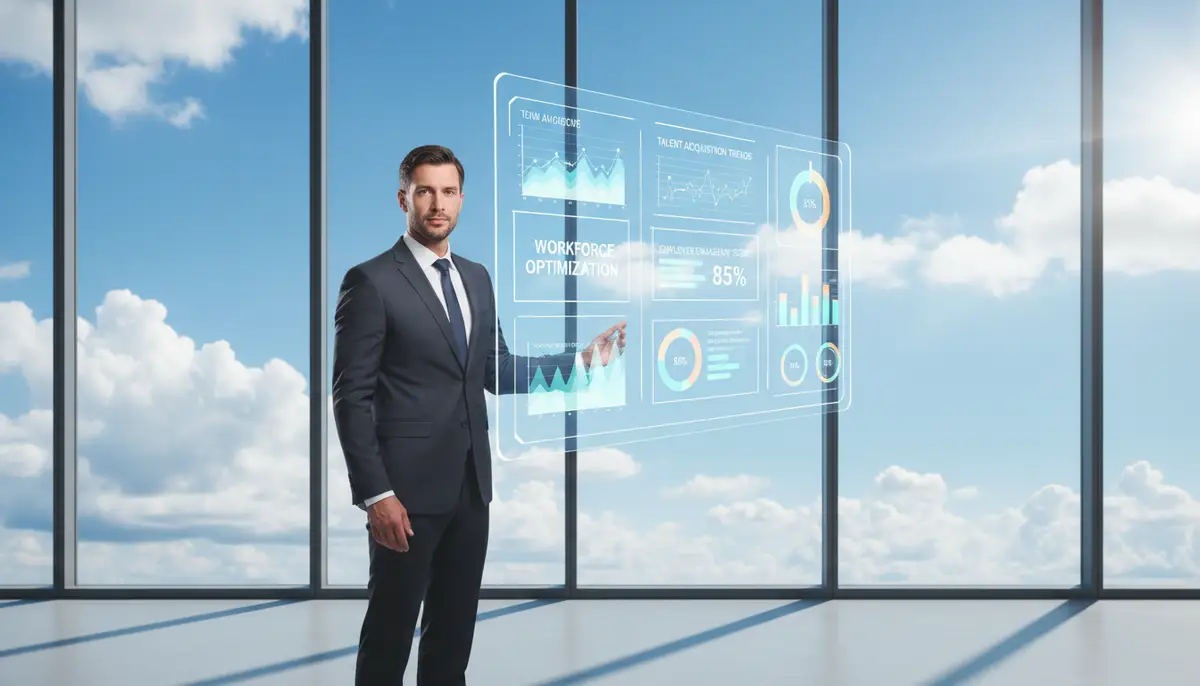 A business leader looking confidently at a dashboard displaying HR analytics and insights, with a clear blue sky and clouds in the background, symbolizing cloud technology.