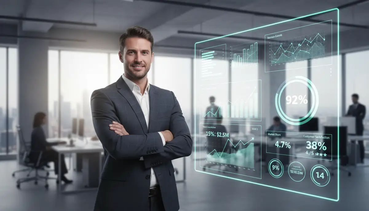 A business leader looking confidently at a dashboard displaying real-time analytics and key performance indicators, with a modern office background.