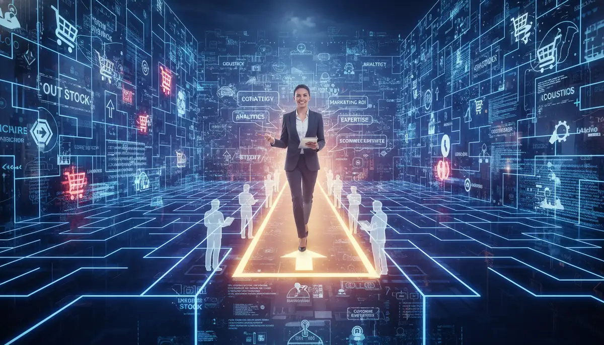 A business owner confidently navigating complex business challenges, symbolized by a maze, with a clear path forward guided by expert consultation, representing avoiding common pitfalls in ecommerce.