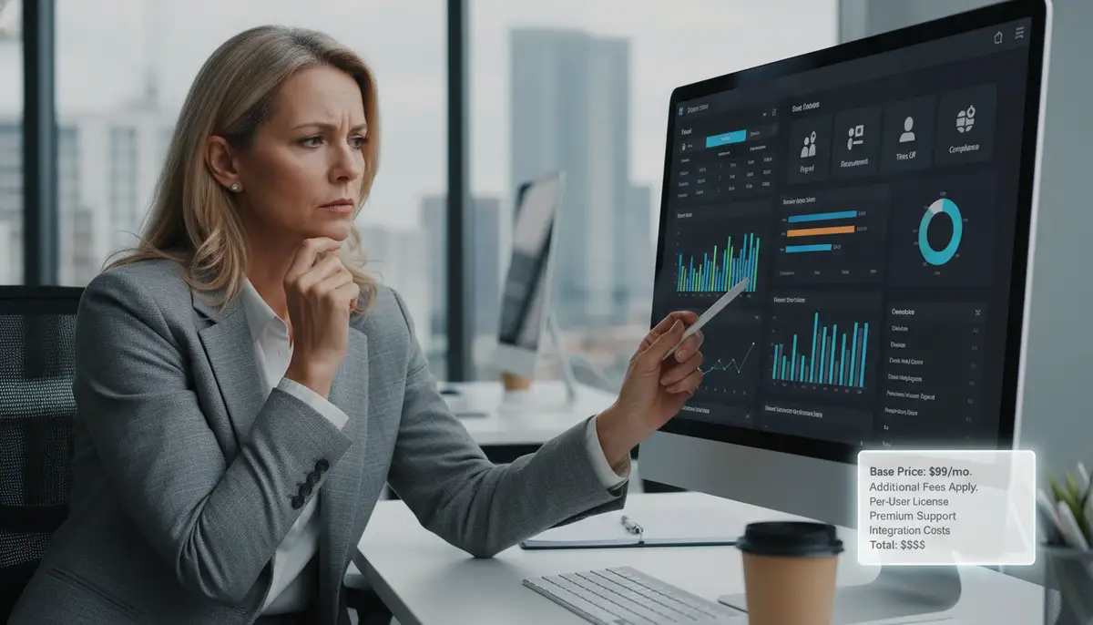 A business owner looking at a complex HR software dashboard with many features, but also a small, almost hidden, price tag, symbolizing hidden costs.