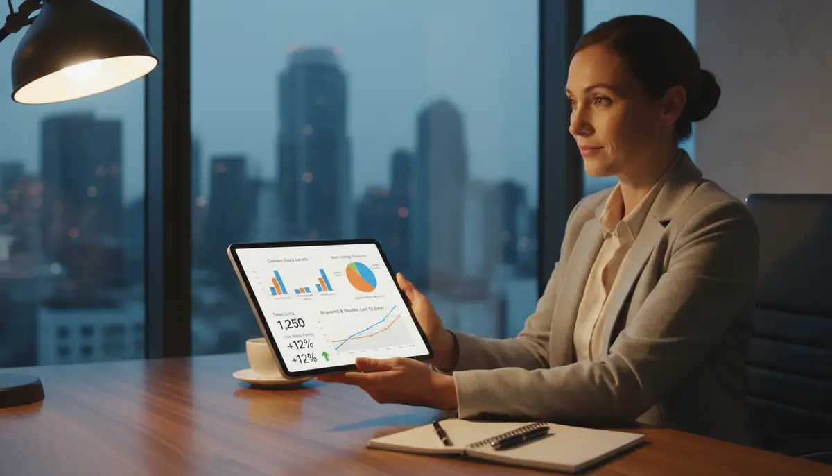 A business owner looking at a dashboard displaying real-time inventory data on a tablet, with charts and graphs, indicating informed decision-making.