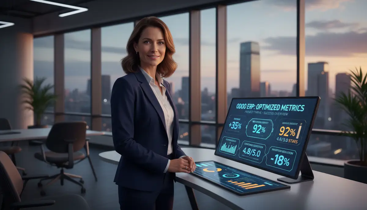 A business owner looking confidently at a dashboard displaying optimized business metrics, representing the success of a customized Odoo ERP system.