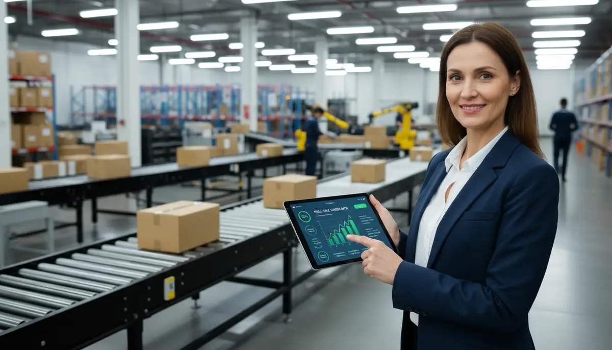 A business owner looking confidently at a tablet displaying real-time order data, with a seamless flow of goods in the background, professional setting.