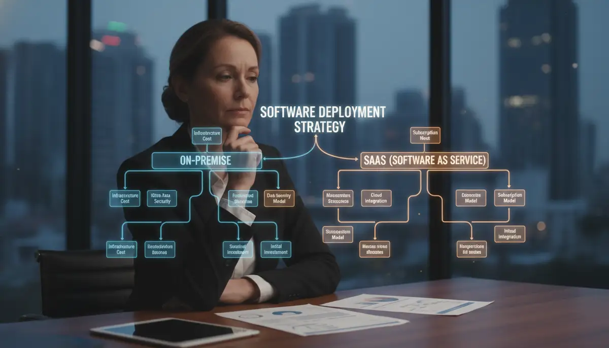 A business owner looking thoughtfully at a complex decision tree, with paths labeled 'On-Premise' and 'SaaS', representing strategic software deployment choices.