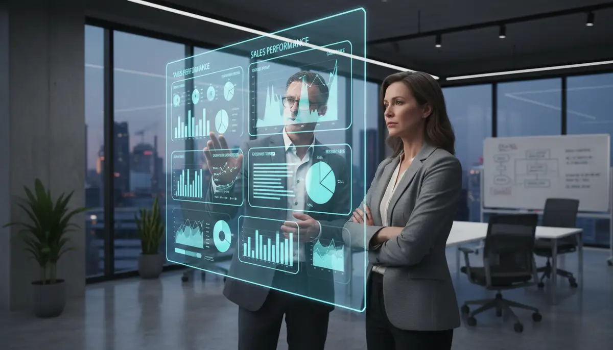 A business owner looking thoughtfully at a dashboard displaying sales analytics and customer data, with a consultant offering advice in a modern office setting.