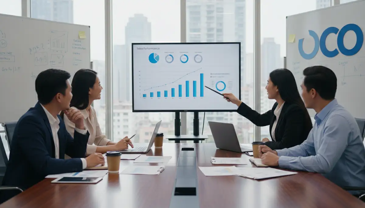 A business team collaborating around a table, reviewing financial reports and discussing strategies. One person points to a screen displaying sales data. Professional and engaged atmosphere.
