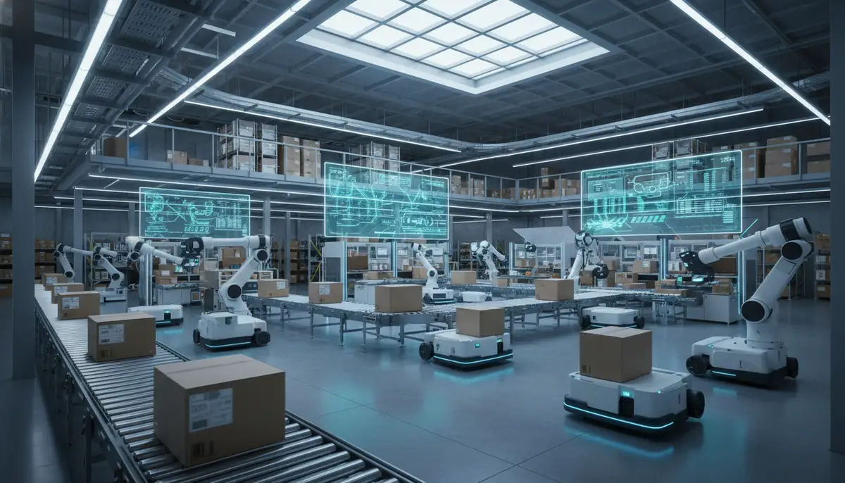 A busy warehouse with automated systems handling packages, symbolizing efficient order fulfillment, modern and clean.