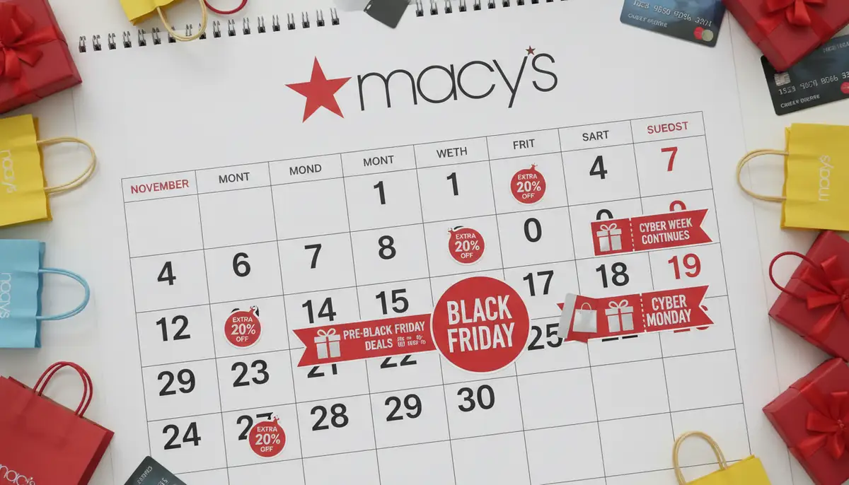 A calendar highlighting major shopping holidays like Black Friday and Cyber Monday, with Macy's branding and coupon symbols., high-quality photography, professional lighting, sharp focus, realistic, detailed