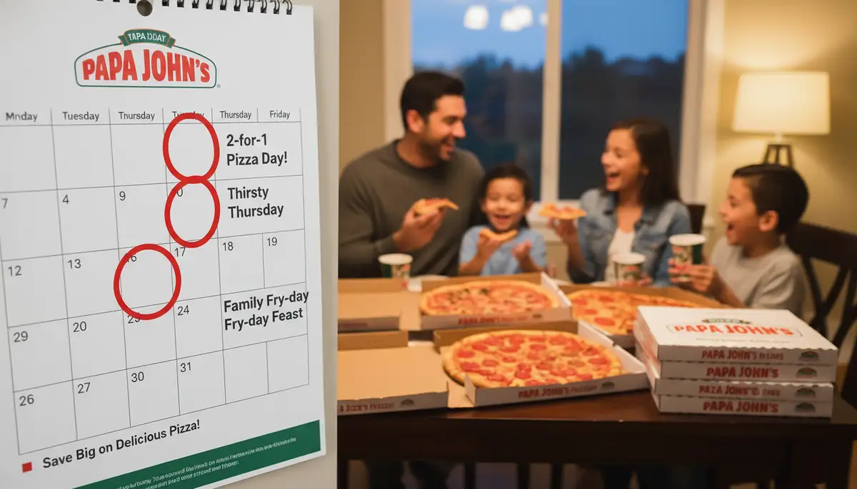 A calendar highlighting specific days for pizza deals, with a family enjoying Papa John's pizza in the background, illustrating timing for savings., high-quality photography, professional lighting, sharp focus, realistic, detailed