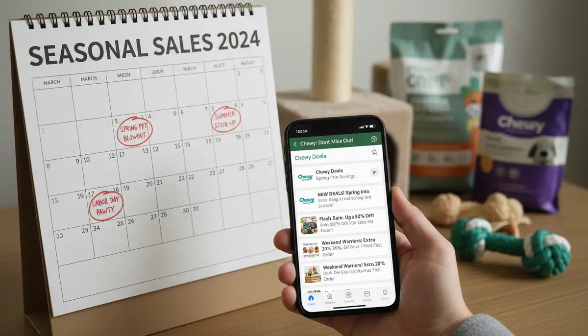 A calendar marked with seasonal sales events and a smartphone displaying Chewy email notifications for new deals, emphasizing timing for savings., high-quality photography, professional lighting, sharp focus, realistic, detailed