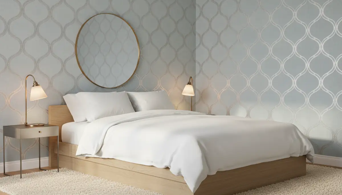A chic bedroom with a geometric pattern wallpaper in light blue and silver grey, a minimalist bed with crisp white linens, and a bedside lamp casting a warm glow., high-quality photography, professional lighting, sharp focus, realistic, detailed