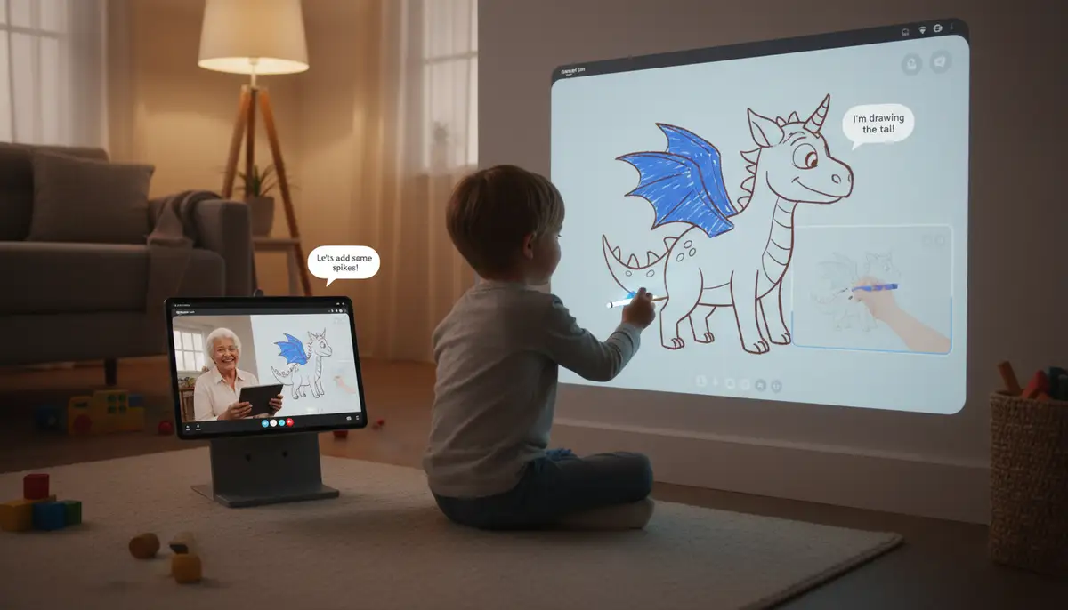A child drawing on a projected canvas with a virtual pen, while a grandparent on a video call watches and collaborates, both interacting via the Amazon Glow app interface., high-quality photography, professional lighting, sharp focus, realistic, detailed
