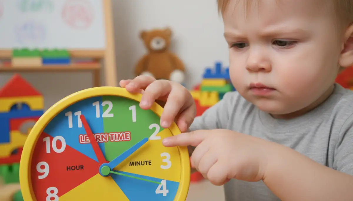 A child's hands pointing to the hour and minute hands on a colorful educational analog clock, with a focused expression., high-quality photography, professional lighting, sharp focus, realistic, detailed