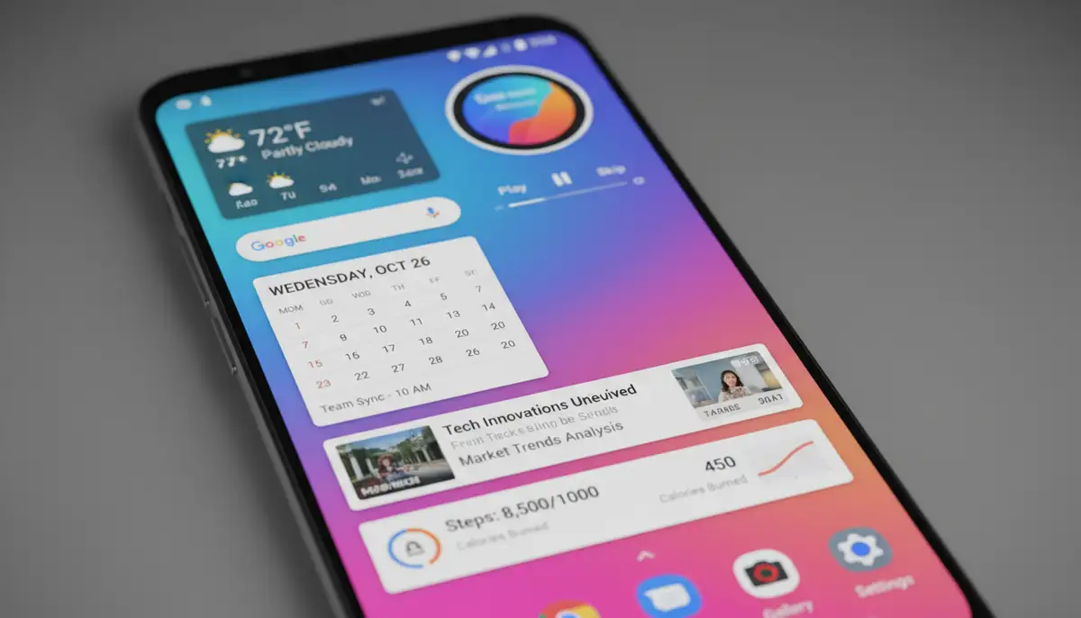 A clean Android home screen displaying multiple stock widgets with different layouts and real-time data, vibrant and easy to read., high-quality photography, professional lighting, sharp focus, realistic, detailed