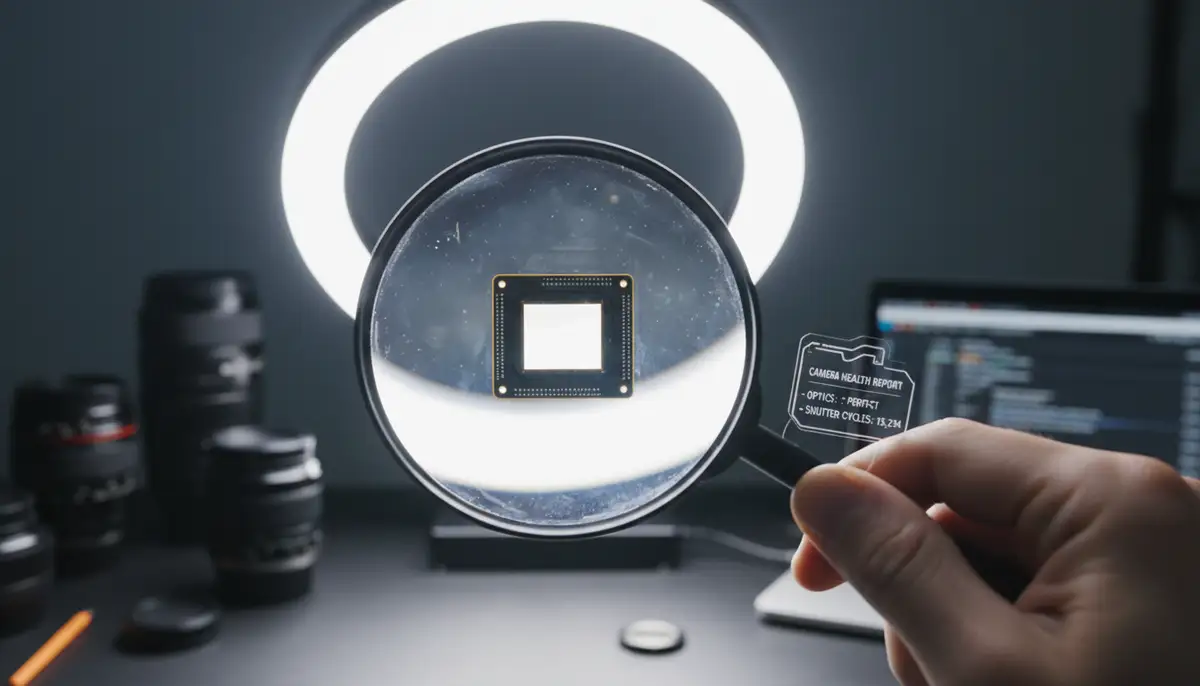 A clean camera sensor being inspected with a magnifying glass, emphasizing camera health beyond just shutter count., high-quality photography, professional lighting, sharp focus, realistic, detailed