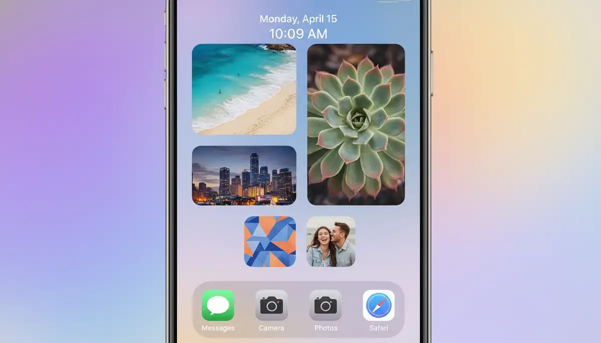 A clean iPhone Home Screen displaying various custom image widgets, showcasing different photos and layouts, with a vibrant and modern aesthetic., high-quality photography, professional lighting, sharp focus, realistic, detailed