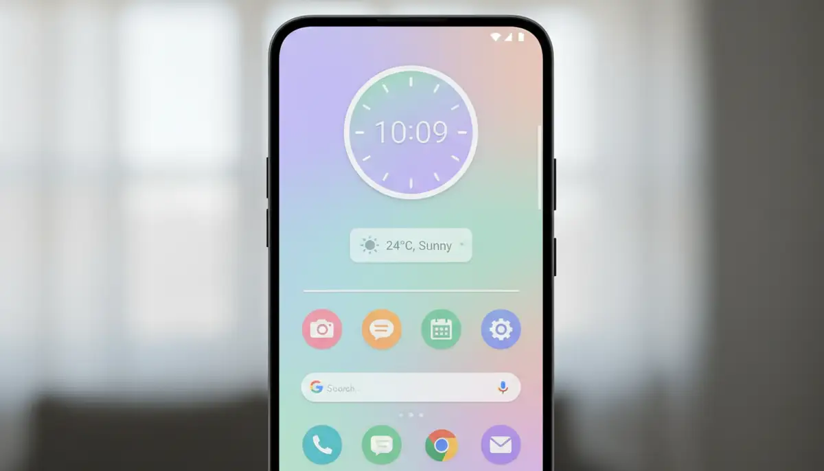 A clean, minimalist Android home screen featuring a custom clock widget, weather widget, and app icons in a cohesive pastel color palette, with soft lighting., high-quality photography, professional lighting, sharp focus, realistic, detailed