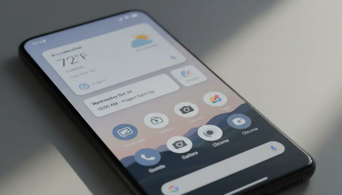 A clean, minimalist Android home screen featuring multiple widgets, including a prominent AccuWeather widget, alongside other productivity and aesthetic widgets., high-quality photography, professional lighting, sharp focus, realistic, detailed