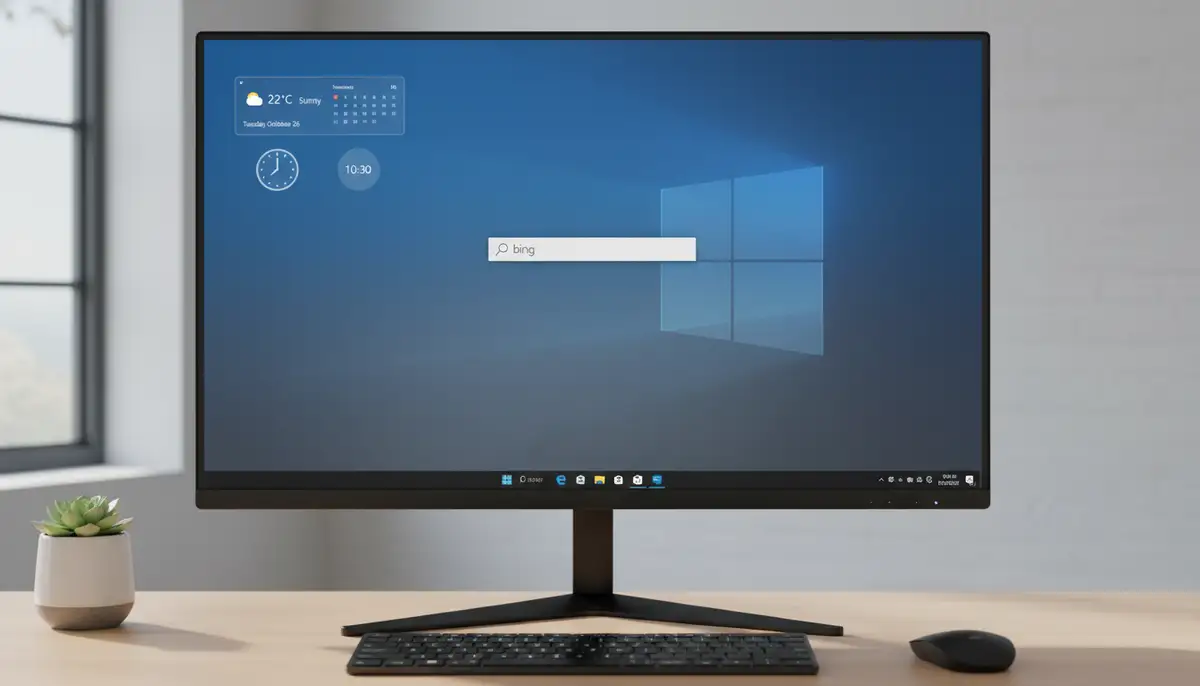 A clean, minimalist Windows desktop featuring a few essential widgets, emphasizing efficiency and focus., high-quality photography, professional lighting, sharp focus, realistic, detailed
