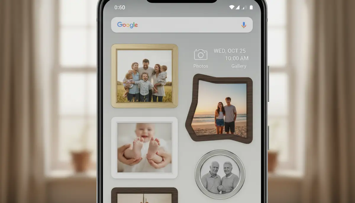 A clean, modern Android home screen displaying several photo widgets with various family photos and aesthetic frames, set against a blurred background., high-quality photography, professional lighting, sharp focus, realistic, detailed