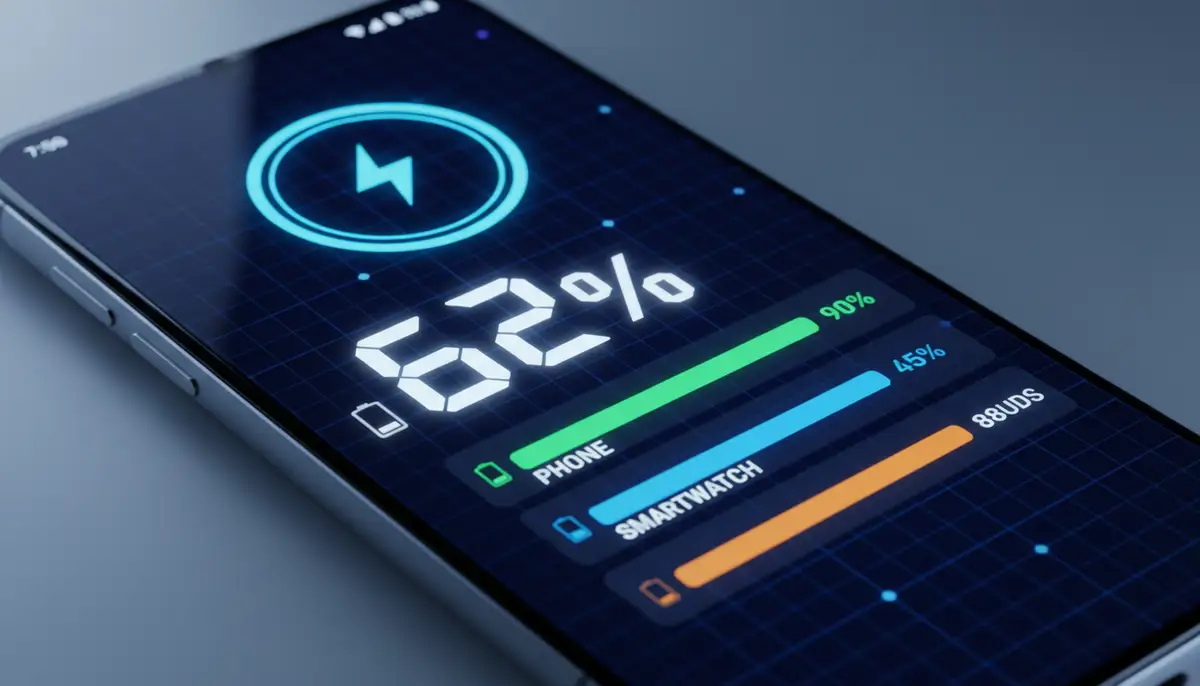 A clean, modern Android home screen displaying various battery widgets in different styles: a circular gauge, a percentage number, and a bar graph, all with a futuristic, sleek design., high-quality photography, professional lighting, sharp focus, realistic, detailed