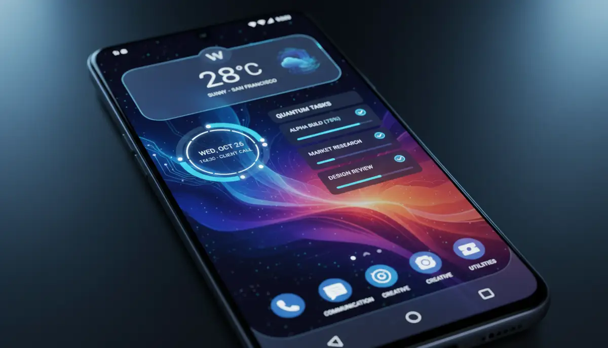 A clean, modern Android home screen displaying various free widgets for weather, calendar, and productivity, with a futuristic design aesthetic., high-quality photography, professional lighting, sharp focus, realistic, detailed