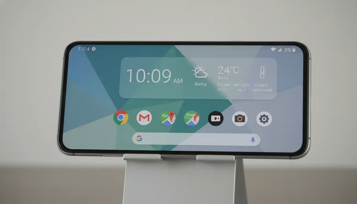 A clean, modern Android home screen featuring a prominent, customizable time and weather widget, displaying current temperature, forecast, and digital clock., high-quality photography, professional lighting, sharp focus, realistic, detailed