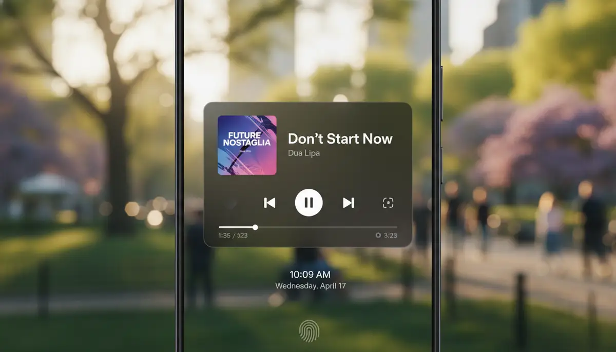 A clean, modern Android lock screen displaying the Spotify widget with playback controls, against a blurred background of a city park, vibrant and clear., high-quality photography, professional lighting, sharp focus, realistic, detailed