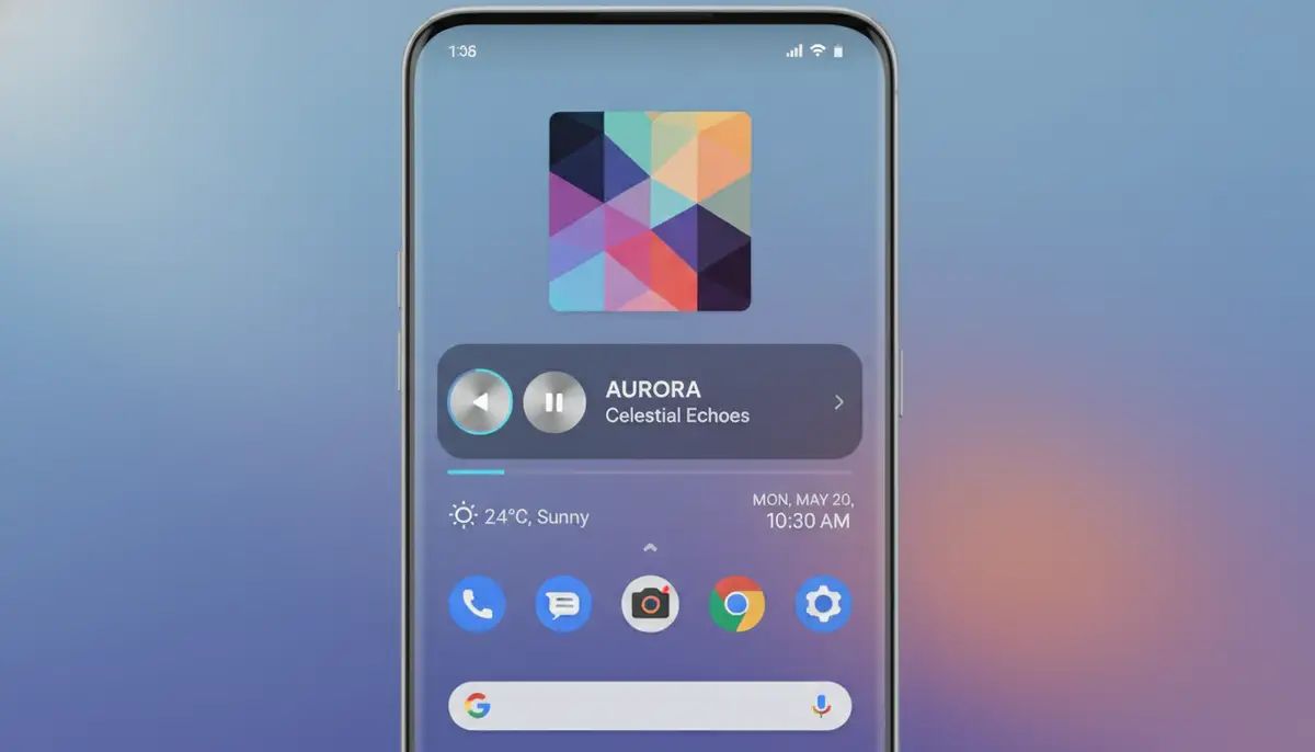 A clean, modern Android phone home screen displaying a sleek music widget with album art and playback controls, integrated seamlessly with other widgets., high-quality photography, professional lighting, sharp focus, realistic, detailed