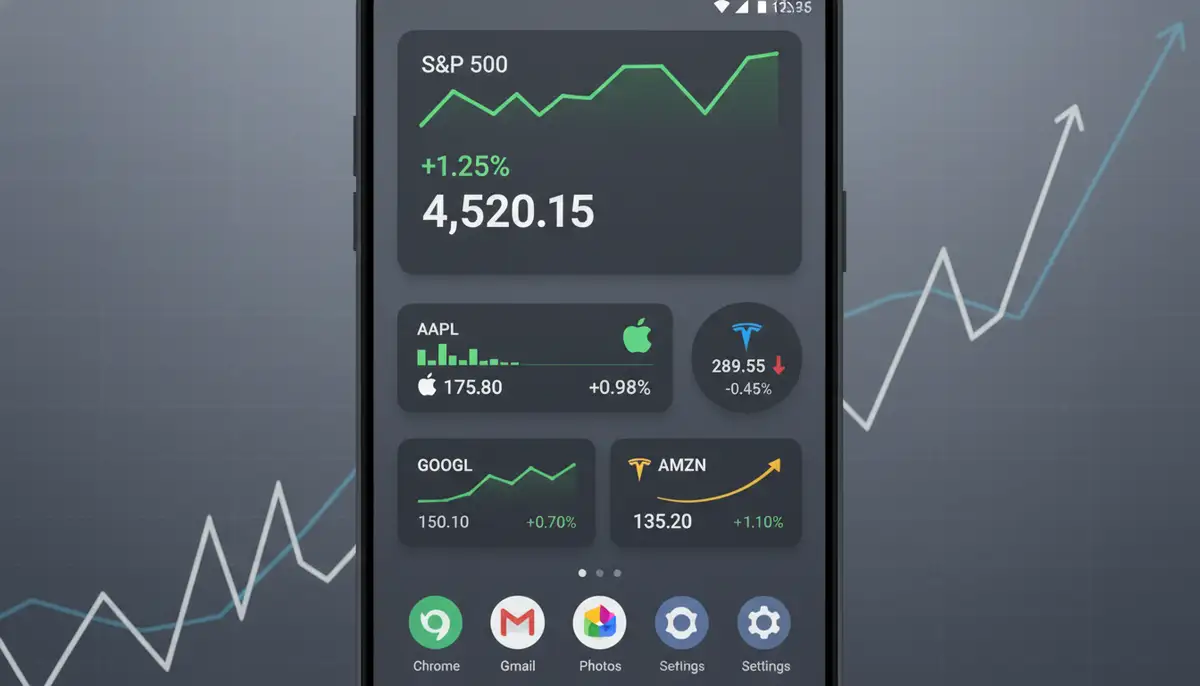 A clean, modern Android phone home screen displaying multiple stock widgets with real-time data, charts, and company logos. The background is a subtle financial graph pattern., high-quality photography, professional lighting, sharp focus, realistic, detailed