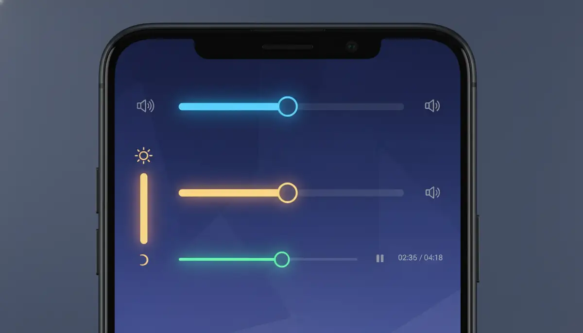 A clean, modern Android phone screen displaying various types of slider widgets (volume, brightness, seek bar) with a subtle glow, demonstrating interactive UI elements., high-quality photography, professional lighting, sharp focus, realistic, detailed
