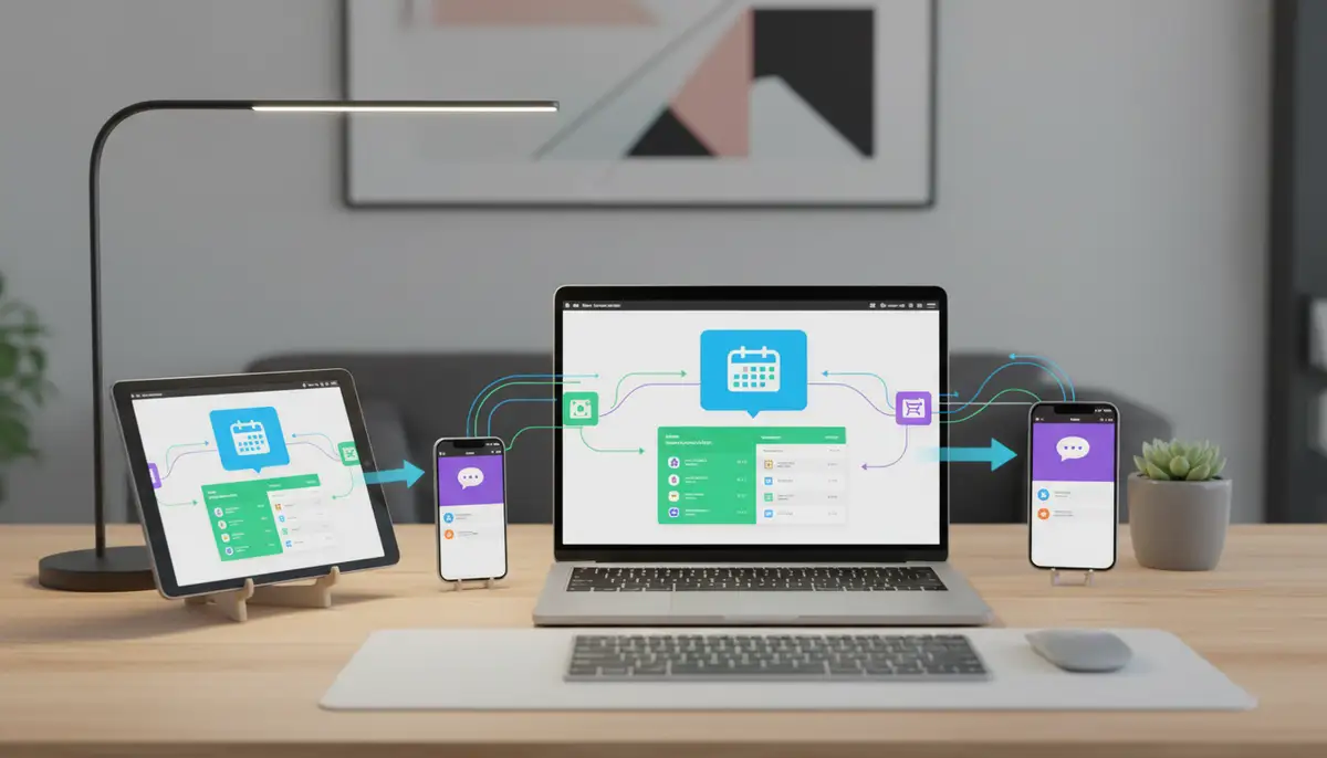 A clean, modern desk setup featuring multiple devices (smartphone, tablet, laptop) displaying interconnected apps, symbolizing workflow integration., high-quality photography, professional lighting, sharp focus, realistic, detailed