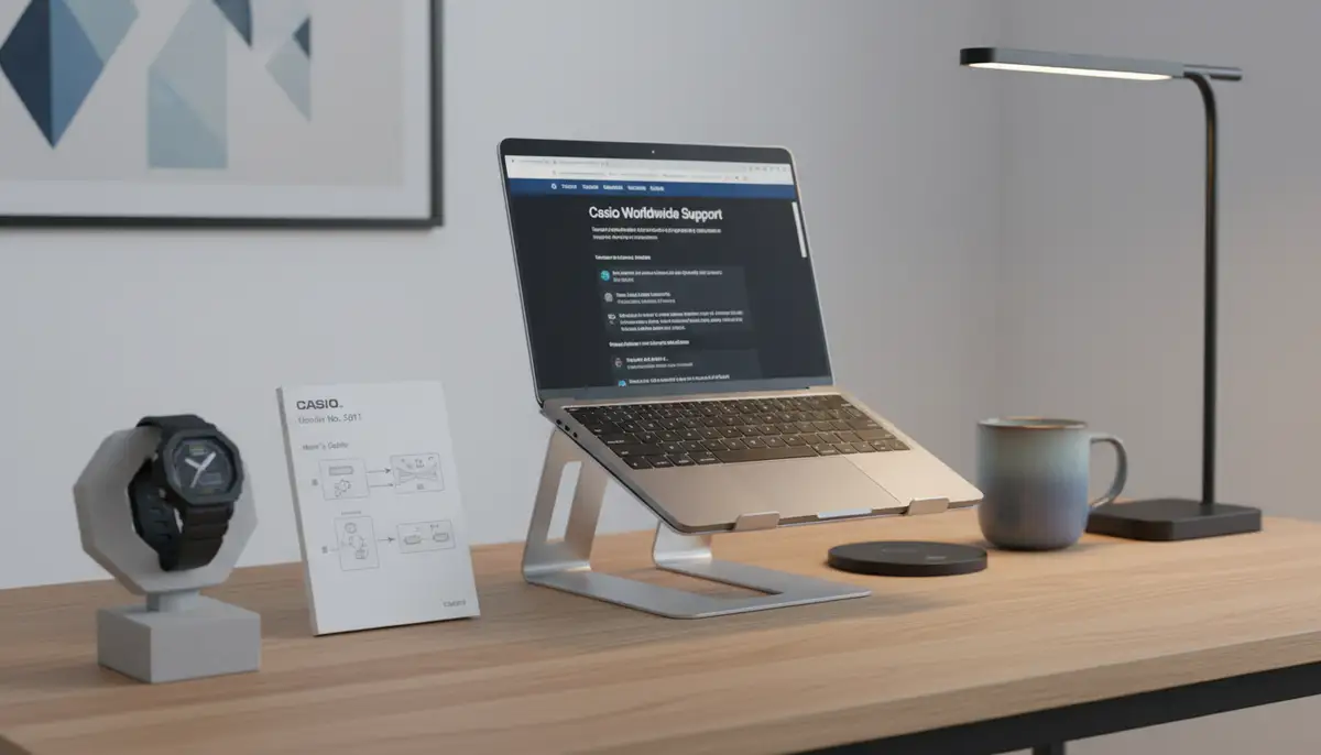 A clean, modern desk setup with a Casio watch, a smartphone displaying the Casio support website, and a user manual., high-quality photography, professional lighting, sharp focus, realistic, detailed