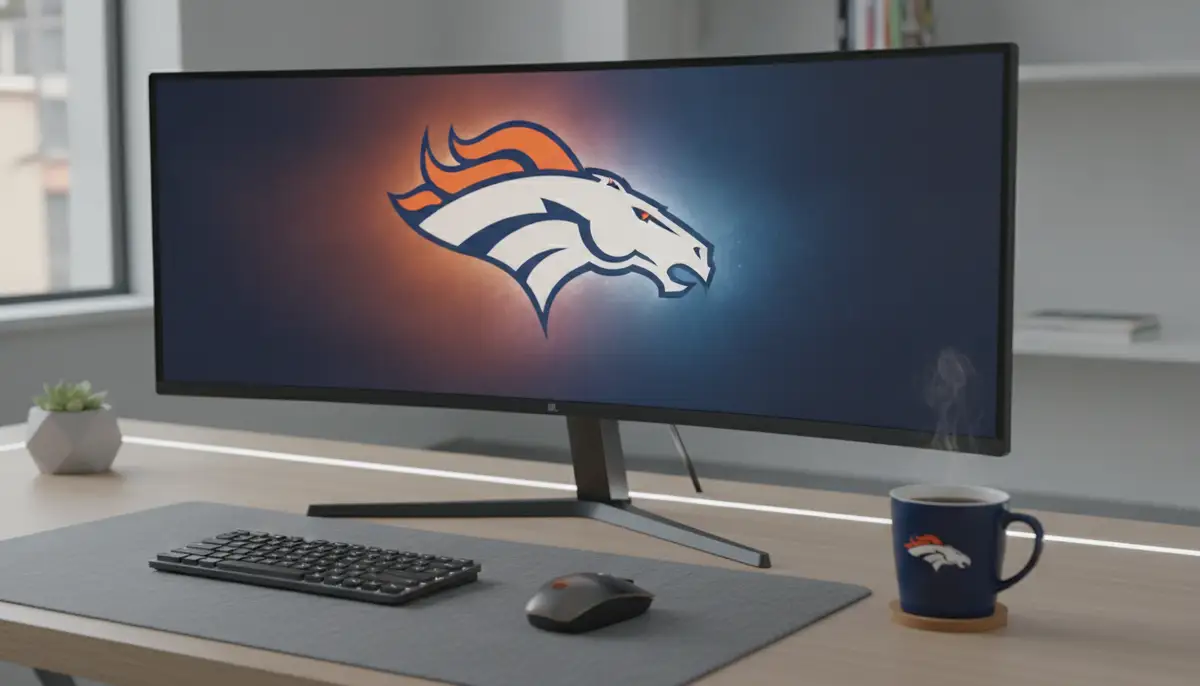 A clean, modern desktop setup showcasing a high-resolution Denver Broncos logo wallpaper, with a subtle glow and a coffee mug nearby., high-quality photography, professional lighting, sharp focus, realistic, detailed