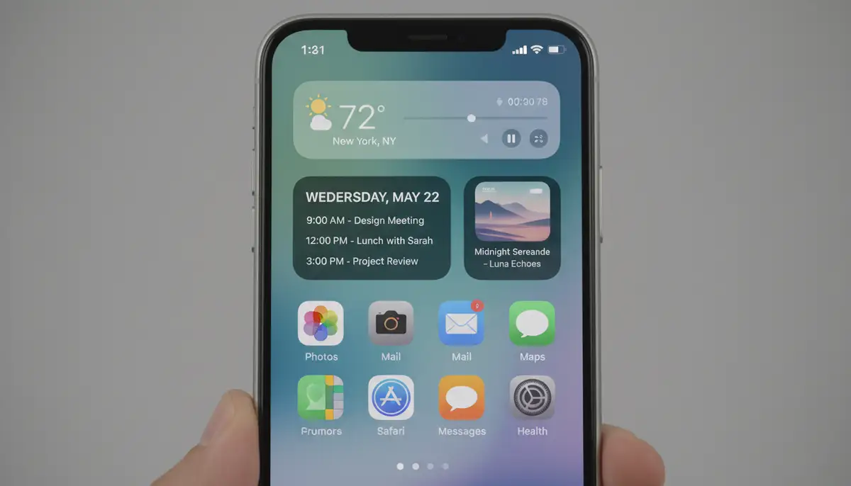 A clean, modern iPhone home screen displaying various app widgets for weather, calendar, and music, showcasing a personalized layout., high-quality photography, professional lighting, sharp focus, realistic, detailed